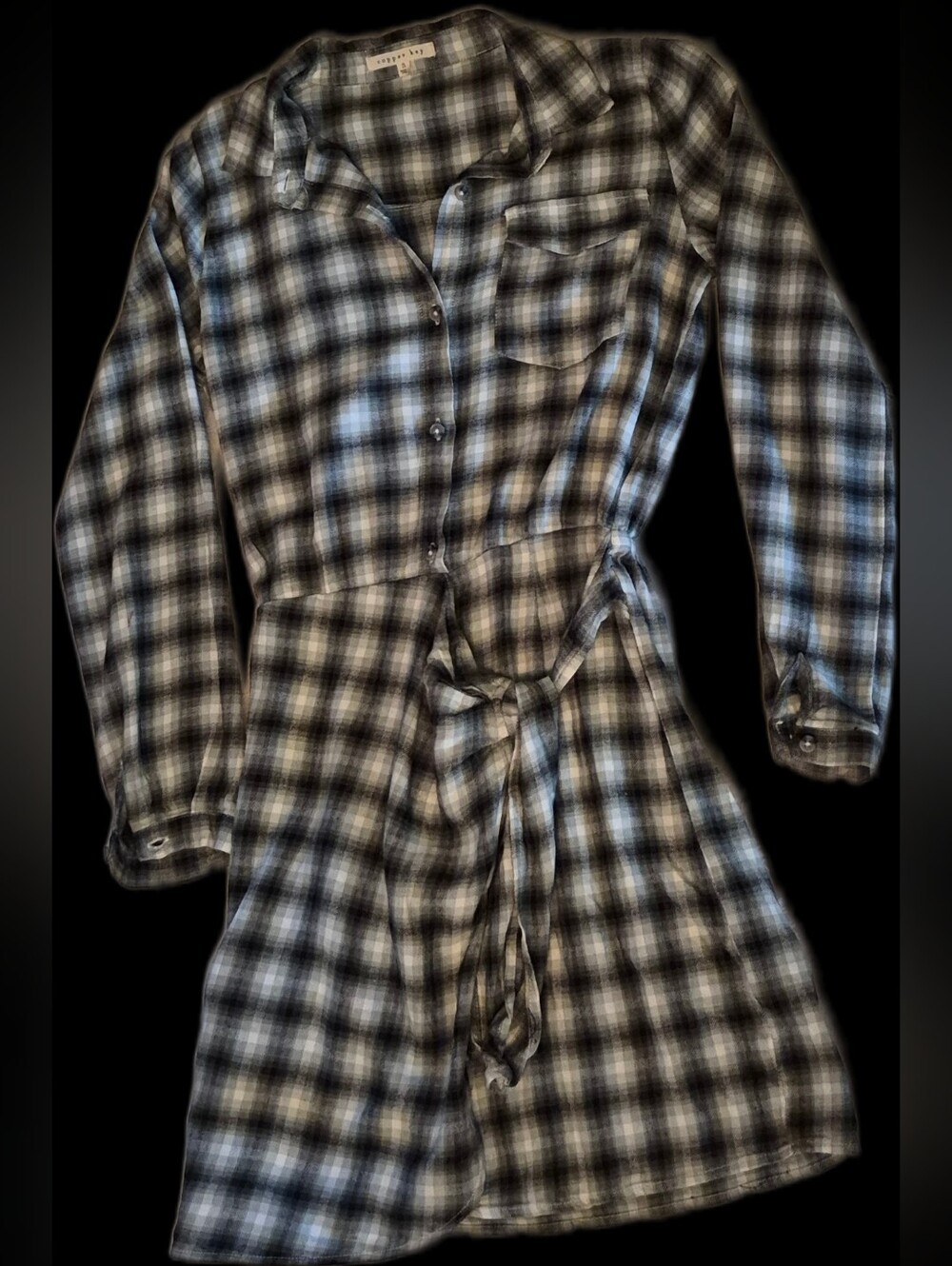 Ladies Plaid Button-Front Pajama Dress with Tie Waist - Gray/Black